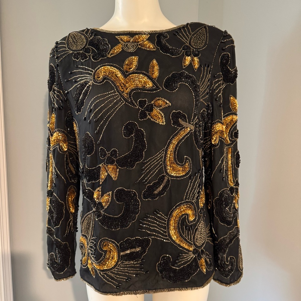 Medium Leslie Faye Vintage Elegant Black and Gold Sequin/Beaded Embellished Top